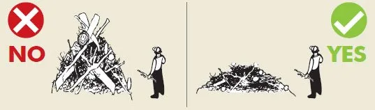 Burn-safety diagram comparing a tall pile with a low pile.